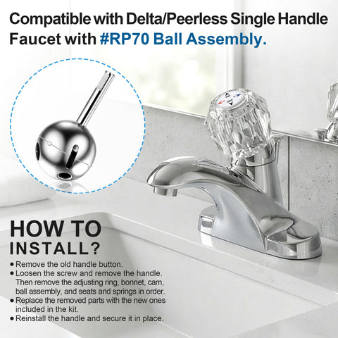 Faucet Repair Kit With Handle For Delta And Peerless RP44123 Includes Ball Assembly Seats Springs Cam Cap Adjusting Ring Bonnet And Knob Handle To Stop Drips And Leaks A Complete Replacement Set For Quick Home Faucet Fix No Drama shown with faucet