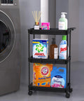 Slim 3 Tier Rolling Storage Cart for Narrow Spaces Black Metal Frame with Easy Glide Casters Portable Organizer in a laundry room