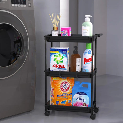 Slim 3 Tier Rolling Storage Cart for Narrow Spaces Black Metal Frame with Easy Glide Casters Portable Organizer in a laundry room