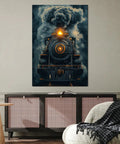 Vintage Steam Train Canvas Wall Art for Living Room Decor Retro Industrial Style Locomotive Artwork in High Definition Print on Durable Canvas Classic Old School Locomotive Home Decor 28x42, showcasing a front view of a locomotive on a living room wall.