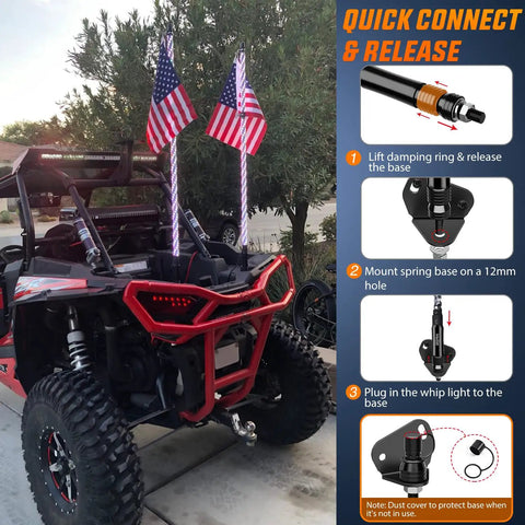 Quick connect guide for 2 Pack 3Ft Spiral RGB LED Whip Lights With RF Remote 360 Degree Chasing Color on a UTV with flags.