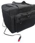 12V Plug In Electric Car Cooler Bag, 25 Liter Portable Beverage Fridge, Black with comfort grip and power cord.