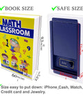 Blue Math Classroom Book Safe Featuring Authentic School Pages And Reliable Three Digit Combination Lock For Stealth Stash Storage And Slick Student Loot Vault size comparison image with dimensions.