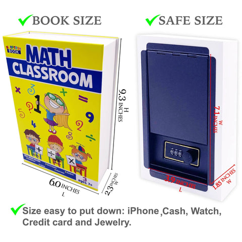 Blue Math Classroom Book Safe Featuring Authentic School Pages And Reliable Three Digit Combination Lock For Stealth Stash Storage And Slick Student Loot Vault size comparison image with dimensions.