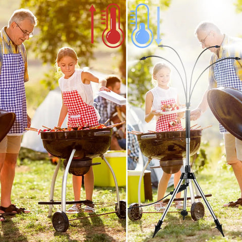 Standing Misters For Outdoor Cooling On The Go Adjustable Four Point One Foot Misting System With Four Spray Heads cooling BBQ