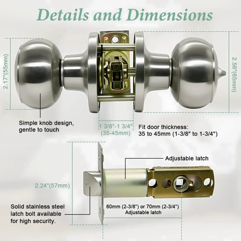 10 Pack Brushed Nickel Round Privacy Door Knobs for Interior Doors, keyless bathroom knobs detail and dimensions sheet.