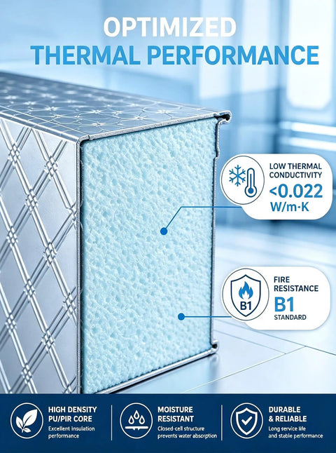 Close-up view of modular cold room panel showcasing optimized thermal performance and insulation features for food storage.