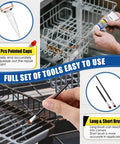 Dishwasher Rack Repair Kit With 1.7oz Grey Waterproof Coating And 100 Tine Prong End Caps, tools shown in use on rusty rack