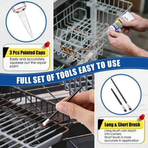 Dishwasher Rack Repair Kit With 1.7oz Grey Waterproof Coating And 100 Tine Prong End Caps, tools shown in use on rusty rack