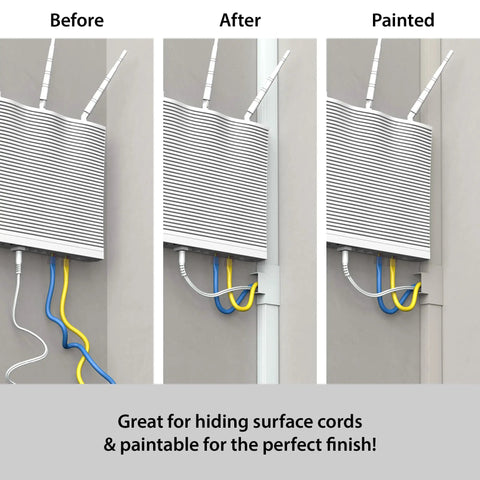 Self-Adhesive Cable Raceway For Wall Wires Keep Your Cords Tucked - Paintable Cord Cover showing before, after, painted stages on wall