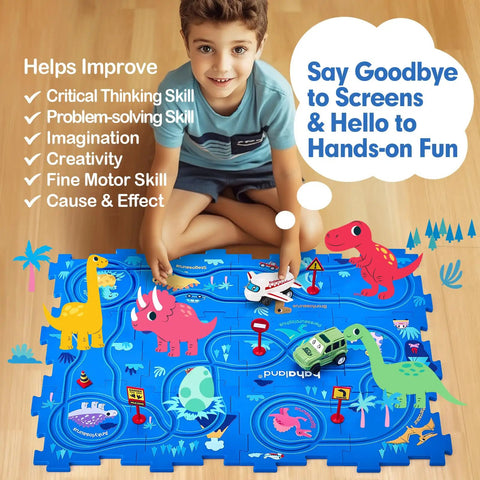 Puzzle Racer Kid Friendly Cars Track Set For Ages 3 To 5 featuring child assembling dinosaur-themed puzzle track with car and airplane.