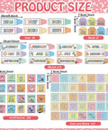 Product size chart of Pastel Classroom Calendar Chart With Pockets Set For Back To School, showing colorful year, month, and date cards.