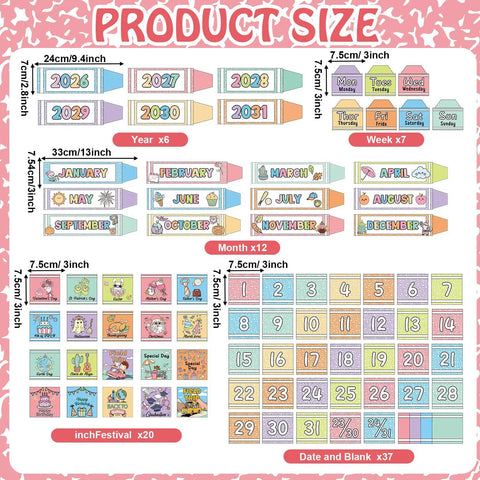 Product size chart of Pastel Classroom Calendar Chart With Pockets Set For Back To School, showing colorful year, month, and date cards.