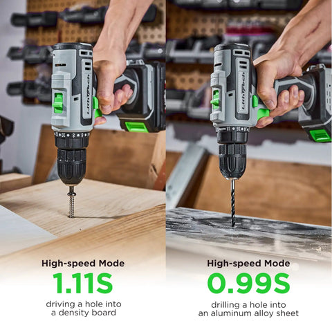 Person using Cordless Drill Set With 20V Power Drill, 2.0Ah Battery And Fast Charger, Three Eighths Inch Keyless Chuck on wood and metal