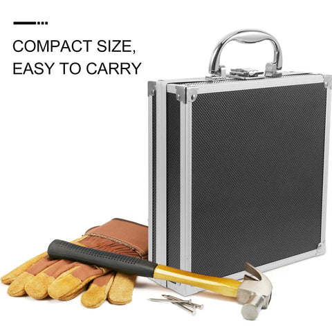 Black Aluminum Alloy Toolbox With Secure Lock And Lightweight Metal Handle Multi Function Parts Organizer Built Tough For The Daily Hustle And Sweet Setup For Quick Loadouts, compact size with gloves and hammer.