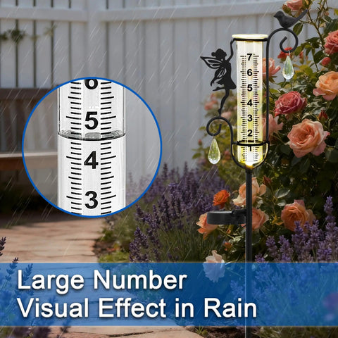 Solar Powered Glass Weather Station Rain Gauge Garden Stake With Freeze Proof Design Fairy Garden Decor Outdoor Yard Crystal Pendant Rain Meter Easy Lawn Rain Reading And Garden Swag in a garden.