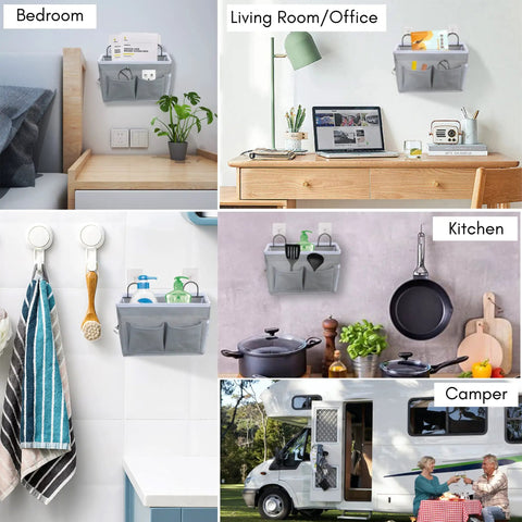 Two Pack Wall Hanging Organizer Bags With Linen Fabric Door Hanging Storage Baskets With Pockets Waterproof Durable Organizer Bin For Kitchen Bedroom Office And RV Camper Gray Finish Upgraded Version installed in various rooms