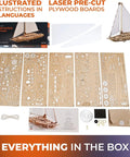 Serenity's Dream Model Yacht Kit Wind Up 3D Wooden Puzzle For Adults DIY Sailboat Model 17.3 Inch Tall Hands On Mechanical Boat Craft For Enthusiasts Great Gift, box and wooden parts layout
