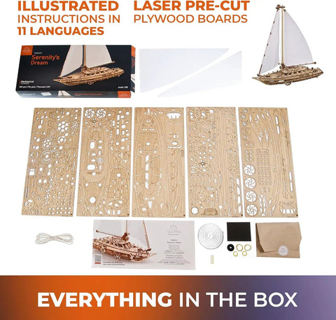 Serenity's Dream Model Yacht Kit Wind Up 3D Wooden Puzzle For Adults DIY Sailboat Model 17.3 Inch Tall Hands On Mechanical Boat Craft For Enthusiasts Great Gift, box and wooden parts layout