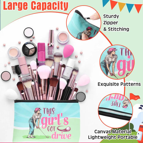 Golf Makeup Bag Set 24 Pieces Bulk Canvas Cosmetic Pouches Zip Bags 7 x 4 Inches with brushes and cosmetics.