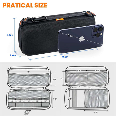 Heavy Duty Double Layer Hard Shell Electronics Organizer Travel Case With Hella Tough Impact Armor and dimensions 9.8x4.5x2.6 inches.