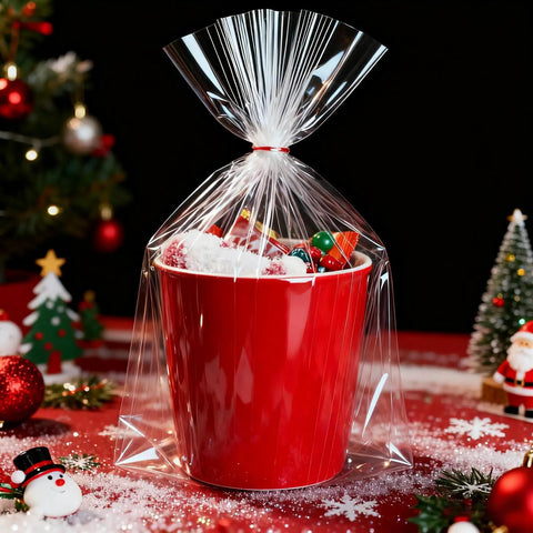Flat Bottom Cellophane Bags 7x3x12 Inches Clear Treat Bags For Cookies, 100 Pieces; wrapped around red gift cup in holiday setting.