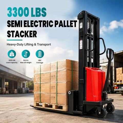 Heavy Duty 3300 Lbs Semi Electric Pallet Stacker And Narrow Pallet Jack For Tight Aisles with stacked boxes in warehouse.