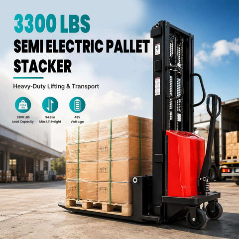 Heavy Duty Semi Electric High Lift Pallet Stacker with 3300 lb capacity lifting stacked pallets in a warehouse.