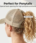 Back view of Womens Ponytail Cap With Dual High And Low Openings For Messy Buns And Thick Hair, light khaki color, mesh design