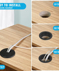 Easy installation of 2 Inch Desk Grommet Set Black Plastic Cable Hole Covers on wooden desk for cable management, 4 steps shown.