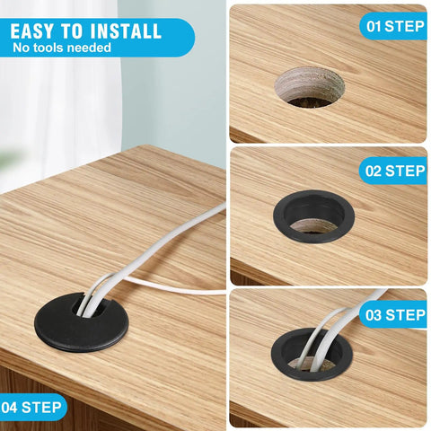 Easy installation of 2 Inch Desk Grommet Set Black Plastic Cable Hole Covers on wooden desk for cable management, 4 steps shown.