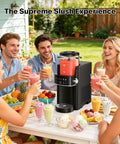 Super Chill Slushie Maker For Home With Rapid Freeze Ice Cream Cycle And Forty Ounce Basin In Matte Black Body serving slushies at a summer gathering.