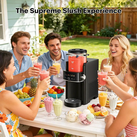Super Chill Slushie Maker For Home With Rapid Freeze Ice Cream Cycle And Forty Ounce Basin In Matte Black Body serving slushies at a summer gathering.