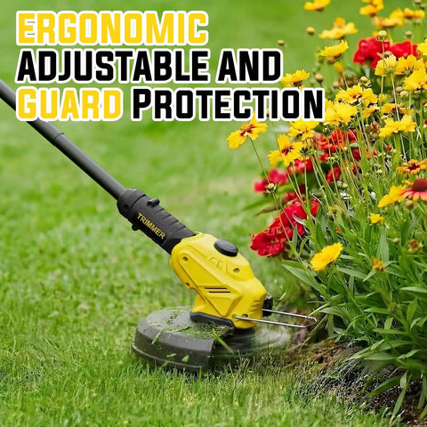 Cordless Weed Wacker And Edger 21V Power Trimmer Two In One Grass Cutter in use for trimming edges near flower bed.