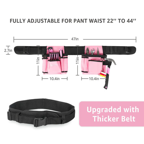 Adjustable Tool Belt With 2 Large Pouches, 10 Small Pockets And Hammer Loop, Waist Strap Fits 22 To 44 Inches, shown with black buckle