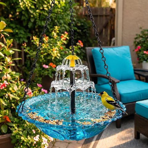 Solar Powered Hanging Bird Bath Fountain With Cascading Water For Outdoor Gardens And Patios No Wiring Needed Eco Friendly Solar Water Feature That Attracts Birds And Adds Dynamic Garden Charm in garden setting