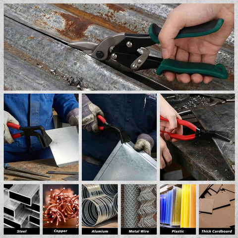 6 In 1 Sheet Metal Tools Set With 3 Hand Seamer Pliers Straight Jaw 45 Degree 90 Degree And 3 Aviation Tin Snips 10 Inch Straight Left Right With Handy Storage Case For HVAC Duct Work shown cutting various materials.