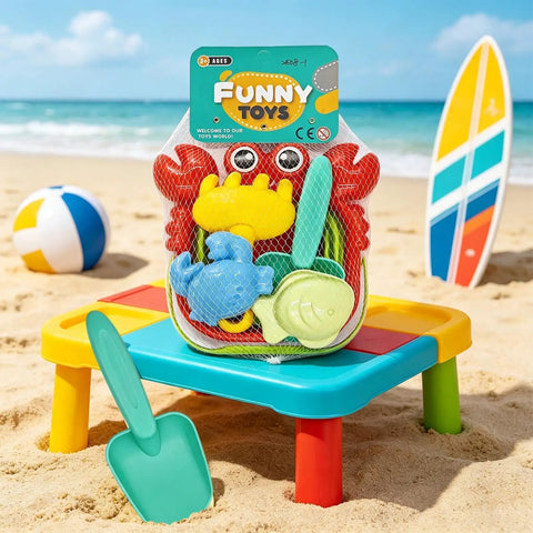 Foldable Bucket And Shovel Tools Kit For Kids Sand Toys With Animal Design Five Piece Travel Beach Set on sand table