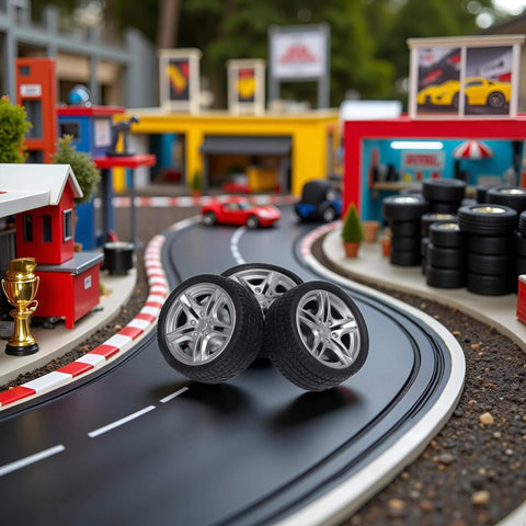 Four Piece 48MM Rubber Toy Car Wheel Set For RC Models displayed on a toy race track, showcasing dope black simulation wheels.