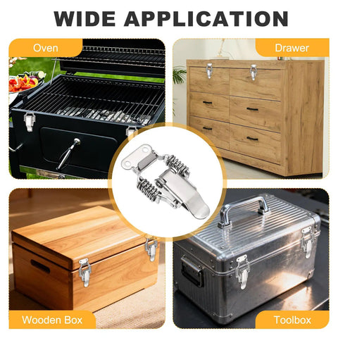 Super Tough Stainless Steel Spring Loaded Toggle Latches With Angle Hook For Toolbox Garage Cabinet And Barn Doors Rust Resistant Heavy Duty Locking Hasps Clamps Set Of 2 Pieces That Hold Up Big.. on toolbox, drawer, oven and wooden box