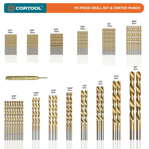99 Piece Drill Bit Set Heavy Duty Titanium Coated HSS Bits For Wood Metal Plastic With Storage Case And Center Punch 1 16th To 3 8th Inch High Speed Steel Drill Kit For DIY Projects And Home Repairs displayed.