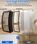 Exploded view of Two Pack HEPA Filters Plus Six Foam And Felt Replacement Filters For Shark Navigator in layers, new vs. used