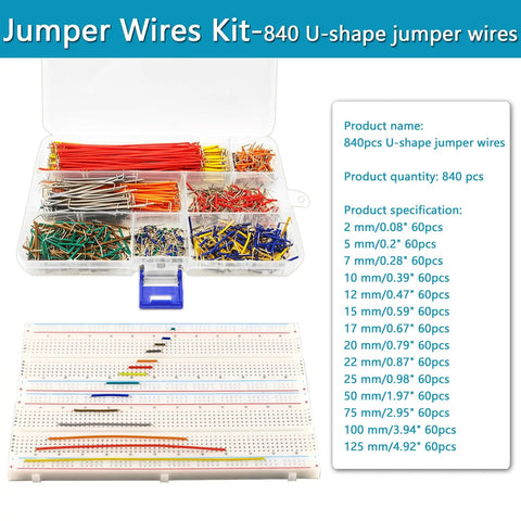 840 Piece Breadboard Jumper Wire Kit For Arduino And Prototyping, U Shape Male To Male Jumpers In 14 Lengths From 2Mm To 125Mm, Includes 4 Alligator Clip Test Leads For Easy Circuit Building