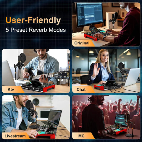 Podcast Setup Bundle With Microphone And Sound Card For PC And Mobile, ideal for streaming, gaming, singing, podcasting, showcased in use.