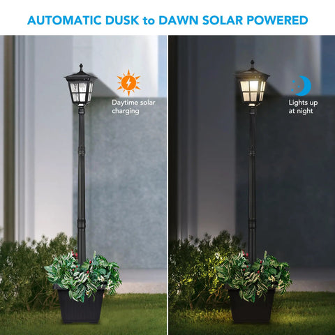 Solar Post Light With Planter For Lawn Yard Garden And Patio Dusk To Dawn Outdoor Lamp lit at night and charging during the day