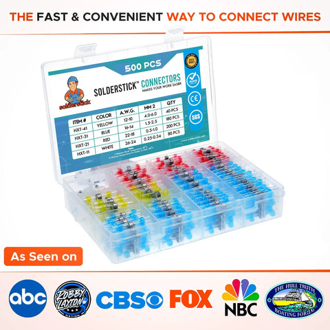 Waterproof Solder Seal Wire Connectors Kit, 500 Pcs Heat Shrink Splice Set, open box showing assorted connectors for wiring