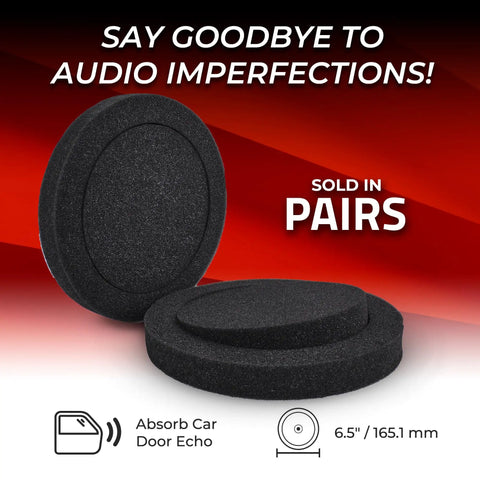 Top Shelf 6.5 Inch Speaker Foam Rings For Car Doors - Killer Smooth Soundproof Baffle Spacer Set and Tight Bass Seal Upgrade Kits with Heavy Duty Rubber Gaskets Sold In Pair with black color and rounded edges.