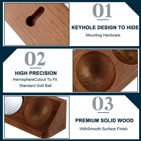 Close-up of Walnut Wood Golf Ball Display Case 6 Standard Size Wall Mount Holder for collectors, showcasing keyhole design and precision fit.