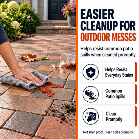 Person using a cloth to clean spills on pavers coated with Heavy Duty High Gloss Wet Look Paver Sealer For Concrete And Brick Walkways One Gallon Weatherproof Surface Coating That Amps Up Natural Pigment And Leaves Your Yard Looking Damn Fine.