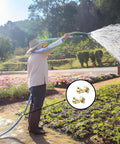 Person watering garden with hose, inset shows Brass Garden Hose Connector Repair Kit With Stainless Clamp, Two Pack, Fits Five Eighths Inch Water Hose